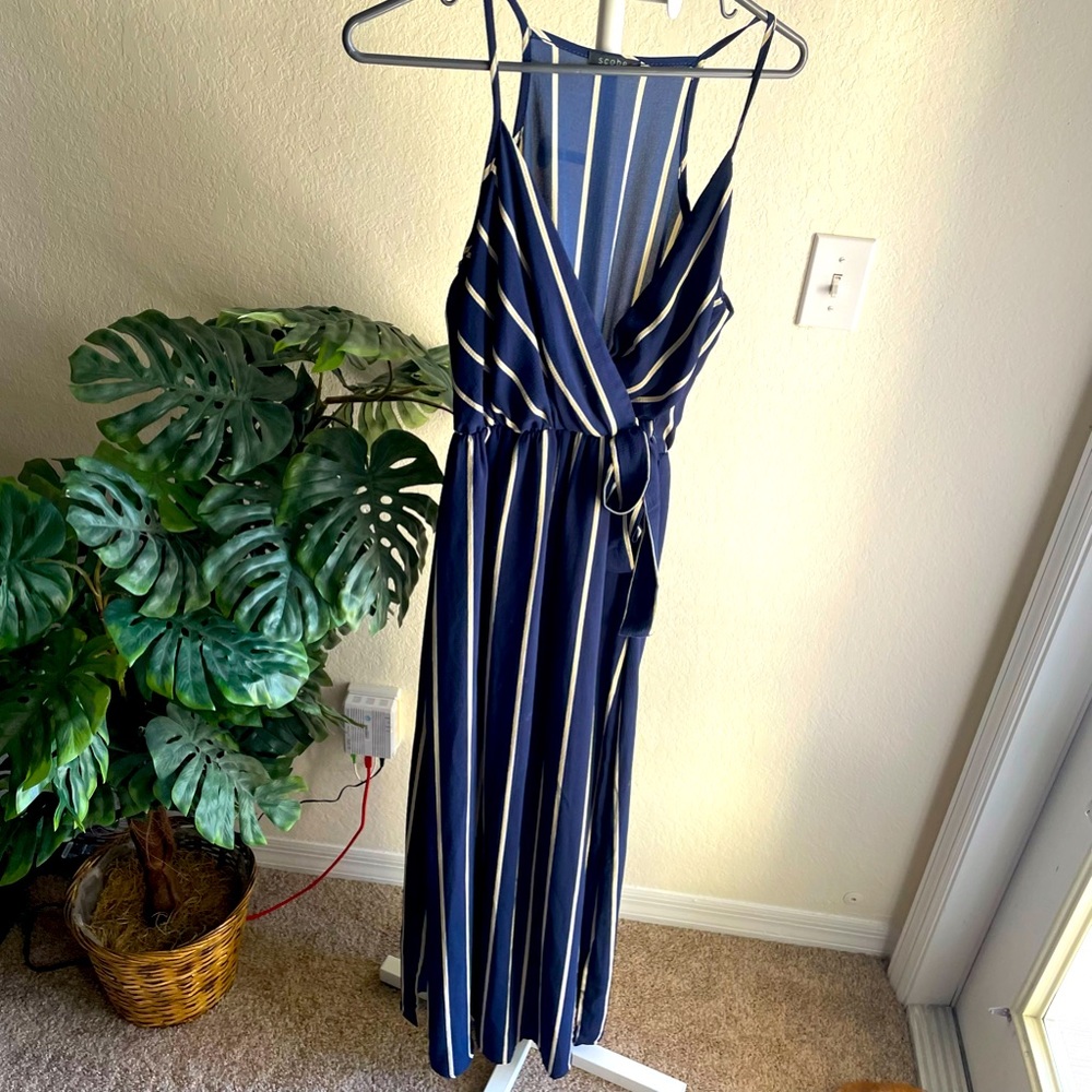 Navy Blue w/ white and pale yellow striped Maxi Wrap Dress!!!
